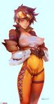  bodysuit breasts breasts_apart brown_eyes brown_hair cameltoe covered_navel covered_nipples doxy ear_piercing gloves goggles goggles_on_head highres jacket large_breasts looking_at_viewer orange_bodysuit overwatch parted_lips piercing sheer_bodysuit short_hair skindentation smile solo spiked_hair tracer_(overwatch) twitter_username union_jack watermark web_address 
