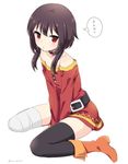  bandaged_leg bandages belt black_hair boots collar commentary ica kono_subarashii_sekai_ni_shukufuku_wo! megumin no_hat no_headwear red_eyes short_hair sidelocks sitting solo translated twitter_username v_arms wariza 