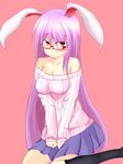  animal_ears bespectacled black_legwear blush breasts bunny_ears cleavage collarbone glasses hyaa lavender_hair long_hair looking_at_viewer medium_breasts miniskirt off-shoulder_sweater off_shoulder orange_background pleated_skirt purple_hair red_eyes reisen_udongein_inaba ribbed_sweater semi-rimless_eyewear shirt simple_background sitting skirt solo sweater thighhighs touhou very_long_hair 