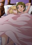  :d azuma_seira bed_sheet blonde_hair blush brown_eyes brown_hair closed_eyes go!_princess_precure hand_behind_head hand_on_another's_head kamirenjaku_sanpei looking_at_another lying multiple_girls nishimine_ayaka nude on_back open_mouth pillow precure short_hair smile under_covers yuri 