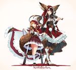 animal_ears beige_background blood blush brown_eyes corset dress ears_through_headwear fox_tail full_body high_heels holding holding_knife holding_tail hood kneehighs knife looking_at_viewer multiple_girls multiple_tails one_eye_closed open_mouth planted_weapon pool_of_blood purple_eyes red_dress red_hood sheath simple_background skirt smile standing standing_on_one_leg tail text_focus touzai_(poppin_phl95) weapon white_legwear 