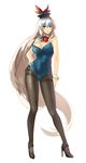  absurdly_long_hair alternate_costume arm_at_side bangs bare_shoulders black_footwear black_legwear blue_hair blue_hat blue_leotard blush bow bowtie detached_collar full_body hair_between_eyes hair_bow hand_on_hip hat high_heels highres kamishirasawa_keine legs_apart leotard long_hair multicolored_hair pantyhose playboy_bunny_leotard red_bow red_eyes red_neckwear seamed_legwear shoes side-seamed_legwear silence_girl silver_hair simple_background smile solo standing strapless strapless_leotard thighband_pantyhose touhou very_long_hair white_background wrist_cuffs 