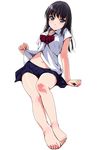  barefoot black_eyes black_hair blush eyebrows_visible_through_hair full_body highres legs long_hair matsunaga_kouyou original panties panty_peek school_uniform shirt_lift skirt smile solo underwear 