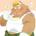  2019 anthro belly blush boar brown_fur clothing fur gloves humanoid_hands hyaku1063 japanese_text male mammal overweight overweight_male pants porcine scar shirt simple_background solo sweat text tusks 