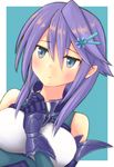  anemone_(flower_knight_girl) blue_background blue_eyes blush flower_knight_girl gloves hair_ornament hairclip looking_away purple_hair short_hair solo suzuki_lv.002 upper_body 