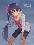  akebono_(kantai_collection) alternate_costume bangs bell bike_shorts collarbone commentary_request dated flower hair_bell hair_flower hair_ornament hand_on_own_knee hood hoodie jingle_bell kantai_collection leaning_forward long_hair looking_to_the_side pocari_sweat purple_eyes purple_hair solo sweat tank_top toro_(konirio) twitter_username 