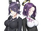  blush breasts checkered checkered_neckwear eyepatch grin headgear highres kantai_collection large_breasts looking_at_viewer mechanical_halo mole mole_under_eye multiple_girls necktie purple_eyes purple_hair short_hair simple_background smile tatsuta_(kantai_collection) tenryuu_(kantai_collection) white_background yagitome87 yellow_eyes 