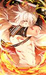  armor black_gloves blood fire gloves grin highres honya1 injury japanese_armor katana kogitsunemaru long_hair male_focus red_eyes shirtless shoulder_armor smile sode solo sword touken_ranbu weapon white_hair 