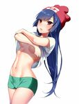  :o armpit_peek beanie blush breasts cosplay cowboy_shot crossed_arms green_shorts hat hizuki_akira long_hair looking_at_viewer medium_breasts midriff mizuki_(pokemon) mizuki_(pokemon)_(cosplay) natsume_(pokemon) navel parted_lips pokemon pokemon_(game) pokemon_sm purple_hair red_eyes red_hat shirt_lift shorts simple_background solo stomach tsurime underboob undressing white_background 