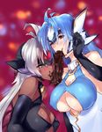  1boy adjusting_hair bare_shoulders blue_eyes blue_hair blush breasts censored chocolate chocolate_on_penis cleavage cleavage_cutout clothed_female_nude_male collar dark_skin disembodied_penis fellatio gloves heart kos-mos large_breasts lavender_hair long_hair multiple_fellatio multiple_girls negresco one_eye_closed oral red_eyes t-elos underboob xenosaga 