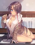  alcohol arm_support bare_legs bed beer blue_eyes blush breasts brown_hair cleavage collarbone drunk facial_mark holding kanpani_girls large_breasts long_hair looking_at_viewer lyle_warwick no_bra no_panties no_pants on_floor parted_lips shiny shiny_skin smile solo translation_request unbuttoned unbuttoned_shirt very_long_hair yukichin 