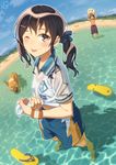  1girl ;p aoi_sora_(pairan) arms_up ball barefoot beachball blush brown_eyes brown_hair dark_skin dog flip-flops from_above hair_ribbon long_hair looking_at_viewer looking_up one_eye_closed original pairan polo_shirt ribbon sandals see-through shirt shorts smile solo_focus spiked_hair standing standing_on_liquid tongue tongue_out twintails wading water wet wet_clothes white_shirt 