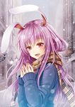  alternate_costume animal_ears bad_id bad_pixiv_id banned_artist bunny_ears contemporary fingers_together long_hair long_sleeves looking_at_viewer open_mouth pink_eyes pink_hair reisen_udongein_inaba scarf sign smile snow snowing solo touhou town upper_body very_long_hair winter_clothes yuuka_nonoko 