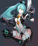  aqua_hair bangs between_breasts black_gloves boots breasts dual_wielding eyebrows eyebrows_visible_through_hair glasses gloves glowing green_eyes gun highres holding holding_gun holding_weapon ionia_series kagetomo_midori leotard long_hair mecha_musume medium_breasts original parted_lips phantasy_star phantasy_star_online_2 ponytail rimless_eyewear simple_background solo standing standing_on_one_leg thigh_boots thighhighs trigger_discipline very_long_hair weapon 