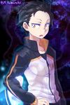  black_hair commentary_request glowing hand_on_another's_arm hand_on_hip jacket looking_back male_focus natsuki_subaru open_mouth re:zero_kara_hajimeru_isekai_seikatsu rem_(re:zero) solo_focus tomoyohi track_jacket translation_request wide_sleeves yellow_eyes 