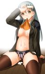  arm_at_side arm_up ascot black_bow blazer blush bow bow_panties breasts brown_jacket brown_legwear buttons cleavage collarbone eating food food_on_body food_on_clothes food_on_face green_eyes green_hair hair_between_eyes hair_ornament hairclip head_tilt holding holding_food jacket kantai_collection keito_(keito-ya) large_breasts long_hair long_sleeves looking_at_viewer melting mouth_hold navel no_bra open_blazer open_clothes open_jacket panties popsicle sexually_suggestive shirt sitting solo stomach striped striped_panties suzuya_(kantai_collection) tareme thighhighs unbuttoned underwear vertical-striped_panties vertical_stripes wariza wooden_floor 