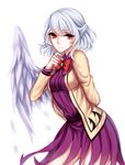  absurdres arm_behind_back bad_id bad_pixiv_id bow bowtie breasts dress finger_to_chin highres jacket kishin_sagume light_smile long_sleeves medium_breasts purple_dress red_eyes sheya short_dress short_hair silver_hair single_wing smile solo touhou wings 