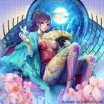  ass blue_eyes breasts bug butterfly earrings flower full_moon gloves hair_ornament highres insect jewelry large_breasts long_hair looking_at_viewer moon necklace official_art purple_hair sangokushi_tenka sitting solo suke_akurou thighhighs wavy_hair 