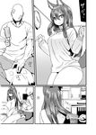 1girl animal_ears ass breasts clock collar comb combing comic dog_ears dog_tail eyebrows eyebrows_visible_through_hair greyscale hair_dryer highres large_breasts long_hair mask monochrome original panties sitting smile sumiyao_(amam) sweater tail translation_request underwear 