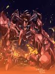  fire glowing highres mecha night no_humans one_knee oruta_(owata_saber) shiny signature smoke solo soukyuu_no_fafner sparks spikes titan_model_fafner 