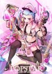  blue_hair braid breasts bullet candy fingerless_gloves food garter_straps gloves high_heels highres jinx_(league_of_legends) league_of_legends loiza lollipop long_hair navel pink_eyes small_breasts solo thighhighs twin_braids very_long_hair 