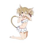  animal_ears bikini brown_eyes brown_hair cat_ears collarbone frilled_bikini frills full_body groin hair_ribbon highres long_hair navel official_art one_eye_closed open_mouth paw_pose red_ribbon ribbon silica silica_(sao-alo) simple_background solo swimsuit sword_art_online sword_art_online:_code_register white_background white_bikini 