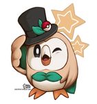  arm_up artist_name beak black_eyes black_hat daisy_ein gen_7_pokemon hat hat_ornament hat_tip holding holding_hat leaf looking_at_viewer no_humans one_eye_closed open_mouth pokemon pokemon_(creature) removing_hat rowlet simple_background smile standing star top_hat watermark web_address white_background 