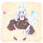  :d animal_ears black_hair blood blue_eyes chain claws fang fox_ears fox_tail frilled_skirt frills heterochromia highres hitodama kt_cano long_hair open_mouth original red_eyes skirt sleeves_past_wrists smile solo tail 