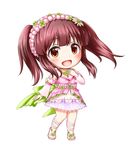  :d ankle_lace-up chibi cross-laced_footwear detached_sleeves flower flower_necklace hair_flower hair_ornament highres idolmaster idolmaster_cinderella_girls jewelry kuena necklace ogata_chieri open_mouth red_eyes red_hair sandals short_hair side_ponytail simple_background smile solo 