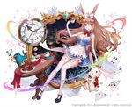  alice_(wonderland) alice_in_wonderland animal_ears ankkoyom bangs blunt_bangs blush breasts brown_hair bunny bunny_ears cake card castle cleavage clock cookie cup elbow_gloves food gloves hair_ribbon jewelry large_breasts locket long_hair looking_at_viewer macaron million_arthur_(series) mirror night night_sky open_mouth pendant purple_eyes ribbon shoe_ribbon skirt sky solo sparkle_background sparkling_eyes table tablecloth teacup teapot thighhighs vial watermark white_background white_gloves white_legwear white_rabbit zettai_ryouiki 