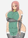  areolae bare_shoulders belly blush breasts fat huge_breasts inverted_nipples large_areolae long_hair looking_at_viewer nipples orange_eyes original pink_hair plump pointy_ears sanagimaru7974 solo standing tensai427 thick_eyebrows thick_thighs thighhighs wide_hips 