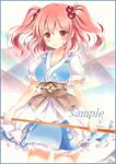  belt blue_border blush border breasts cleavage coin colored_pencil_(medium) cowboy_shot dress gradient gradient_background hair_bobbles hair_ornament layered_dress light_smile looking_at_viewer marker_(medium) medium_breasts onozuka_komachi pink_hair potto puffy_short_sleeves puffy_sleeves red_eyes sample scythe short_hair short_sleeves solo standing touhou traditional_media two_side_up 