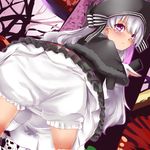  bent_over black_dress black_gloves bloomers blush capelet dress fate/extra fate_(series) gloves hat highres long_hair looking_at_viewer looking_back nursery_rhyme_(fate/extra) purple_eyes senbon_tsuki solo underwear upskirt very_long_hair 