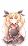  :o blazblue blonde_hair bow creature hair_ribbon highres kt_cano long_hair rachel_alucard red_bow red_eyes ribbon solo twintails very_long_hair wide_sleeves 
