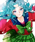  2015 aqua_hair artist_name bishoujo_senshi_sailor_moon blue_eyes collarbone earrings from_above hands_in_hair jewelry kaiou_michiru lips long_sleeves mugen_gakuen_school_uniform plaid plaid_skirt ribbon school_uniform serafuku signature skirt smile solo star yukinami_(paru26i) 