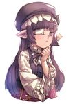  bad_id bad_pixiv_id bags_under_eyes bangs blunt_bangs blush brooch closed_mouth eyepatch granblue_fantasy harvin hat highres jewelry long_hair long_sleeves looking_at_viewer lunalu_(granblue_fantasy) neck_ribbon one_eye_covered pointy_ears pout purple_eyes purple_hair purple_hat ribbon simple_background solo uguisu_(pix-pix) upper_body vest white_background wide_sleeves 