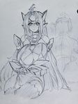  breasts female kos-mos large_breasts long_hair monochrome negresco simple_background sitting sketch solo xenosaga 