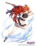  2016 apron artist_name black_bow black_dress black_footwear blush bow breasts closed_mouth dress elesis_(elsword) elsword fighting_stance full_body furrowed_eyebrows hairband holding holding_sword holding_weapon long_hair looking_at_viewer low-tied_long_hair maid maid_headdress red_eyes red_hair serious shoes sideboob simple_background small_breasts solo sukja sword thighhighs tsurime unsheathed very_long_hair weapon white_apron white_background white_legwear zettai_ryouiki 