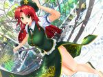  3d abstract_background adjusting_clothes adjusting_hat bow braid breasts cherry_blossoms chinese_clothes clock dutch_angle green_eyes hair_bow hand_up hat highres hong_meiling kurogoma_(meganegurasan) large_breasts long_hair looking_at_viewer mikumikudance petals red_hair side_braid skirt skirt_set slippers solo spinning standing standing_on_one_leg touhou vest 