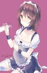 alternate_costume bottle brown_eyes brown_hair censored dated enmaided furutaka_(kantai_collection) kabocha_torute kantai_collection maid milk mosaic_censoring sexually_suggestive solo_focus suggestive_fluid tray 