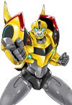  autobot blue_eyes bumblebee clenched_hand glowing glowing_eyes kamizono_(spookyhouse) mecha no_humans open_mouth pointing pointing_at_viewer simple_background smile solo teeth transformers transformers_prime 