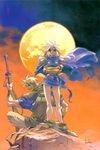  1girl 90s aqua_eyes artist_name bare_legs belt blonde_hair blue_eyes cape floating_hair full_moon hikyou_tanken_fam_&amp;_ihrie holding long_hair long_sleeves loose_belt miguel moon official_art rasha_(ruin_explorers) scabbard sheath sitting skirt standing sword tanaka_kunihiko traditional_media weapon wind wind_lift 