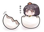  :o ayaya~ black_hair blush brown_eyes chibi commentary_request egg hat hatching kyuugorou shameimaru_aya short_hair solo tokin_hat touhou white_background 