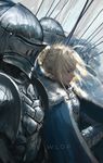  1girl armor army blonde_hair blue_eyes fate/stay_night fate_(series) gauntlets lance lancelot lips looking_at_viewer realistic reflection saber upper_body weapon wlop 