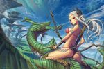  armlet arrow ass bare_shoulders bikini blue_sky blush bow_(weapon) breasts brown_gloves circlet cloud covered_nipples day demon_girl demon_horns demon_tail dragon fantasy fingerless_gloves fletches floating_hair from_behind gem gloves holding holding_weapon horns large_breasts light_smile long_hair looking_back original outdoors parted_lips plant pointy_ears quiver red_bikini red_eyes riding sapphire_(stone) scales scenery sharp_teeth sideboob silver_hair sinad_aruatjanapat sitting sky solo straddling strap_gap swimsuit tail teeth upright_straddle very_long_hair weapon 