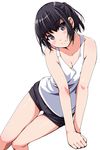  bangs black_eyes black_hair breasts cleavage eyebrows_visible_through_hair highres long_hair looking_at_viewer matsunaga_kouyou medium_breasts original ponytail short_shorts shorts simple_background smile solo tank_top thigh_gap 