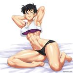  abs armpits barefoot black_hair bra breasts crop_top dragon_ball dragon_ball_z feet large_breasts looking_at_viewer muscle muscular_female one_eye_closed panties short_hair solo speh toenails toes underwear videl 