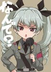  anchovy anzio_military_uniform bangs brown_eyes commentary_request drill_hair girls_und_panzer green_hair hair_ribbon hand_on_hip holding holding_microphone jacket microphone military military_uniform necktie otoufu ribbon shirt solo translated twin_drills uniform 