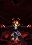  :o blonde_hair cape chain ex-rumia glowing glowing_eye halo high_collar highres outstretched_arms red_eyes rumia sphere spread_arms sword tennenmoe touhou v-shaped_eyebrows weapon 