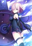  ass back bare_shoulders black_dress black_legwear blush breasts commentary_request dress elbow_gloves fate/grand_order fate_(series) from_behind gloves hair_over_one_eye harimoji large_breasts looking_at_viewer looking_back mash_kyrielight purple_eyes purple_hair short_hair solo thighhighs 